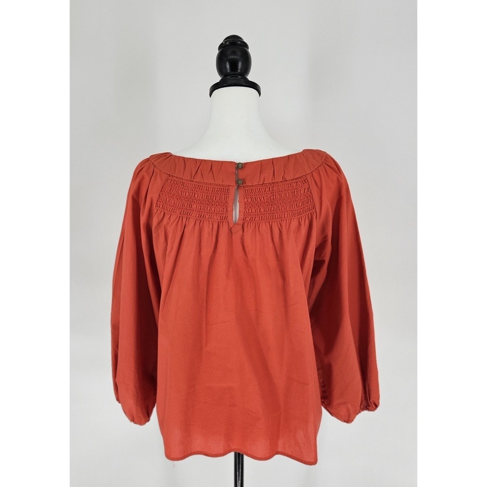 Anthropologie Maeve Blouse Women Small Orange Smocked Peasant Balloon Sleeve - Picture 5 of 9
